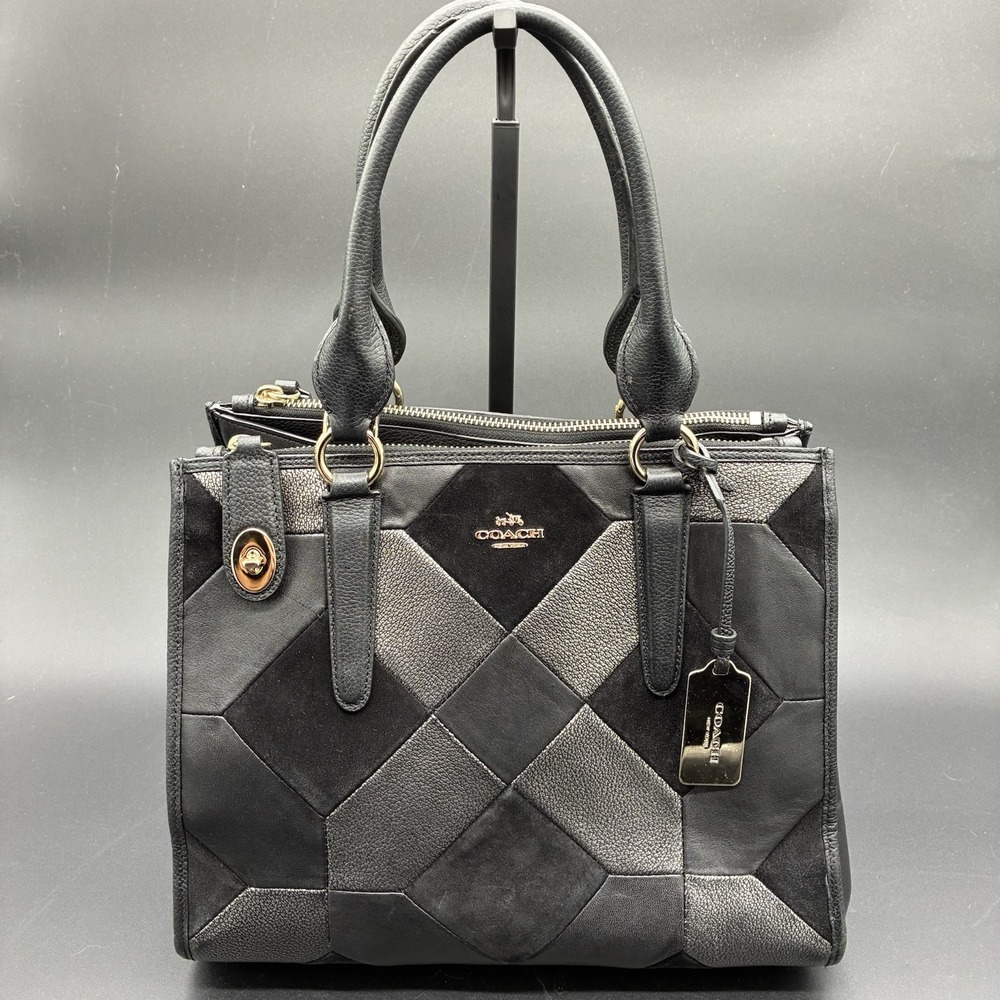 Coach Crosby Carryall Crossbody Bag Black Gray Leather Patchwork Shoulder Purse